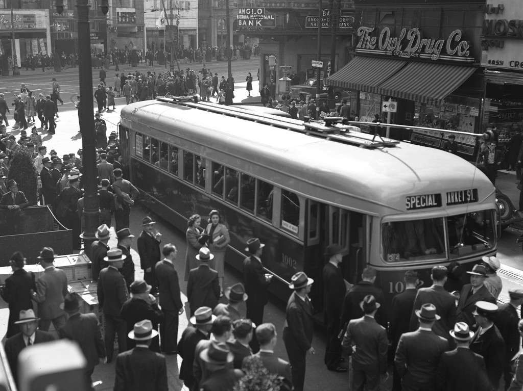 Muni bought five PCC-like streetcars in 1939, but it was all they could afford, and they had to use two-operator crews to run them. SFMTA Archives.
