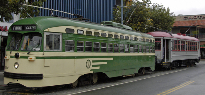 The two streetcars scheduled to be used on August Trolley Tours: PCC No. 1050 (left) and venerable Muni Car No. 1. Peter Ehrlich photo.