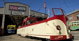 Blackpool boat tram 228, in new red paint, at the carbarn.
