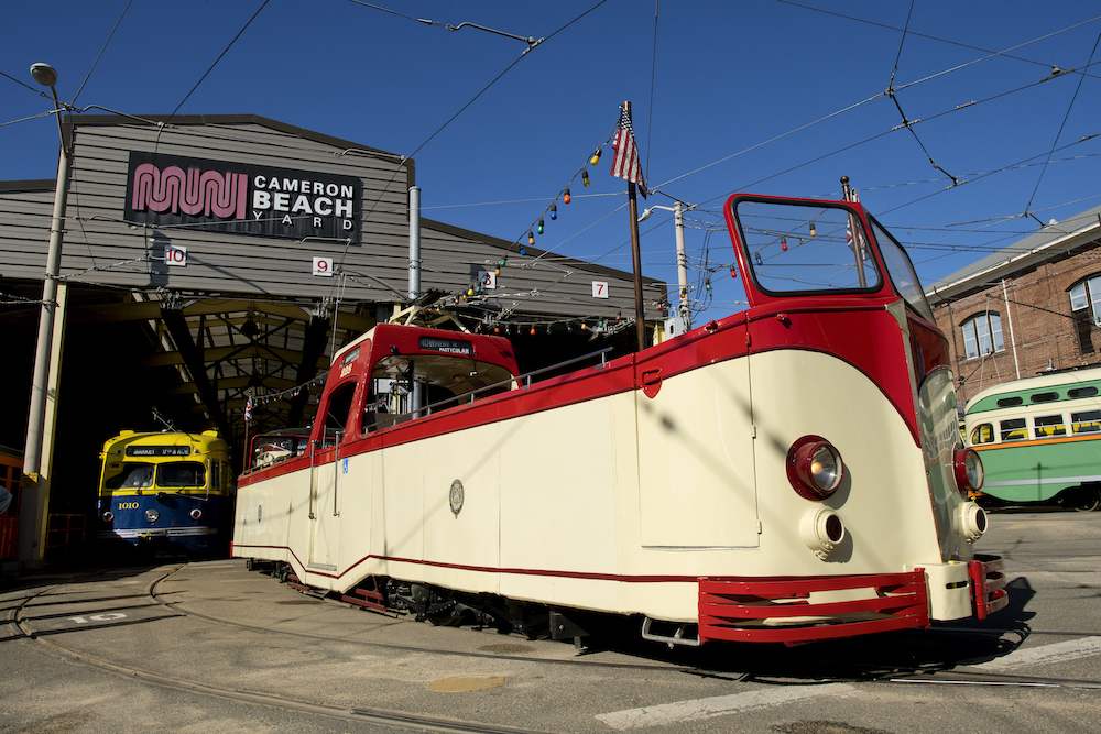 Blackpool boat tram 228, in new red paint, at the carbarn.