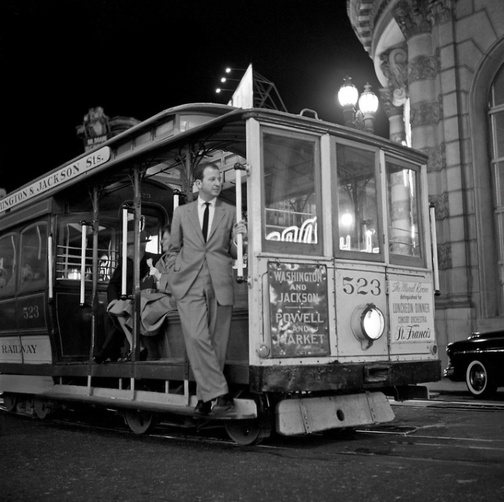 Herb Caen at the Powell and Market turntable, 1953. A wonderful photo taken by the great Fred Lyon, a San Francisco treasure himself (and a friend of Herb's). (c) Fred Lyon