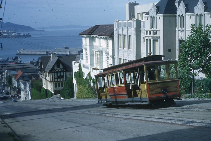 DG0044, Muni O'Farrell, Jones & Hyde line cable car 50, Hyde bet. Francisco & Chesnut Sts, May 11,1954(Phillip Scherer) 700px wide