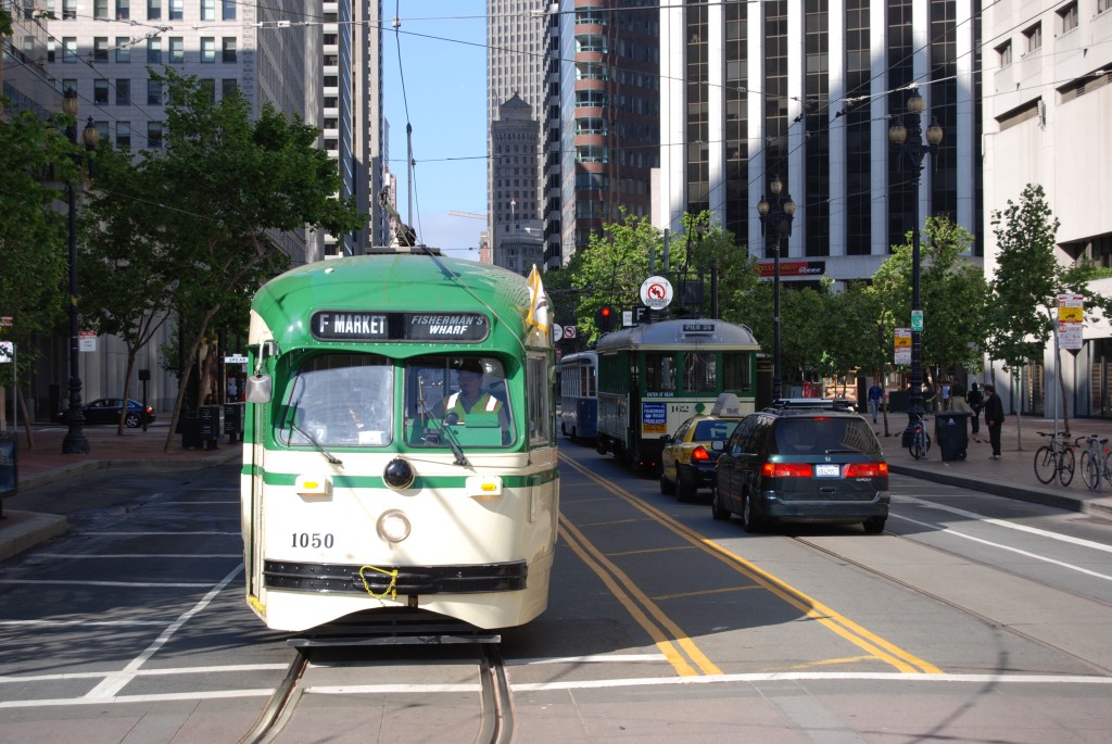 The first two blocks of Market Street, from Steuart (here) west to Main will still be closed to streetcars during Super Bowl week, forcing the substitution of buses on the F-line the entire length of Market Street.