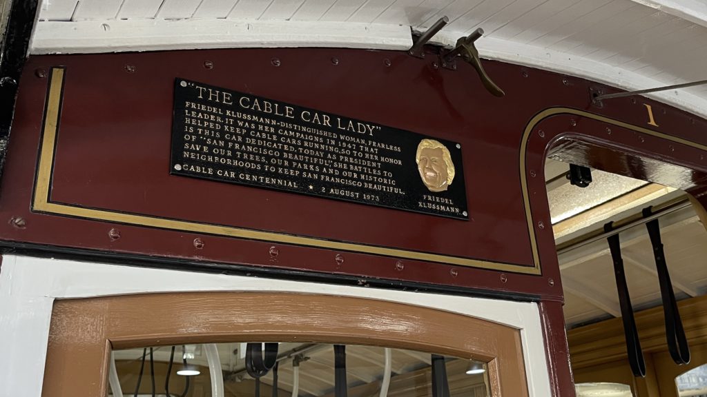 Plaque honoring cable car savior Friedel Klussman on Powell Car 1