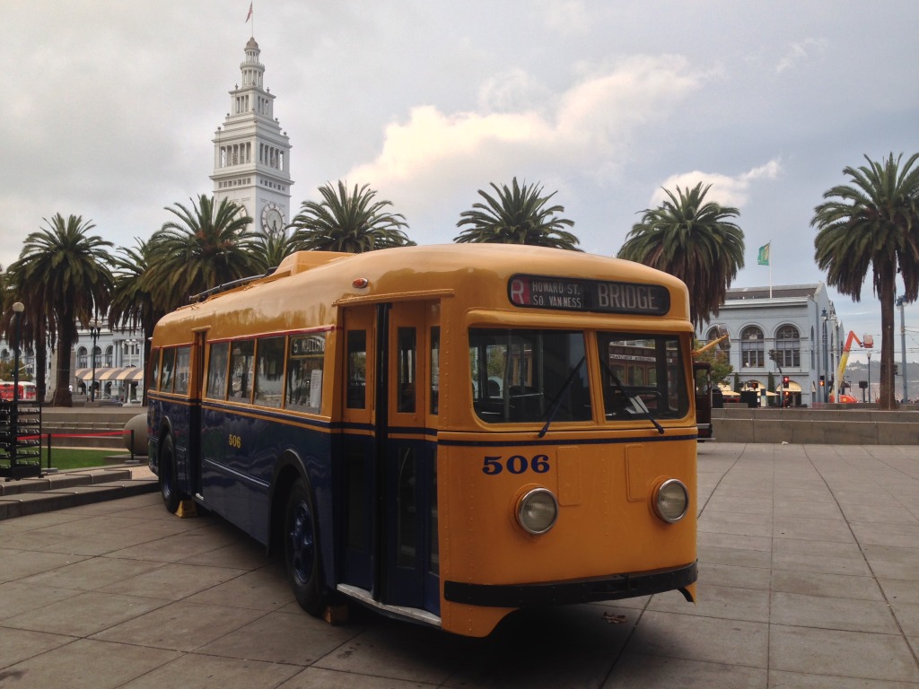 1941 Muni trolley coach No. 506 is already on display for Muni Heritage Weekend, across the F-line tracks from our San Francisco Railway Museum on Steuart Street between Market and Mission.
