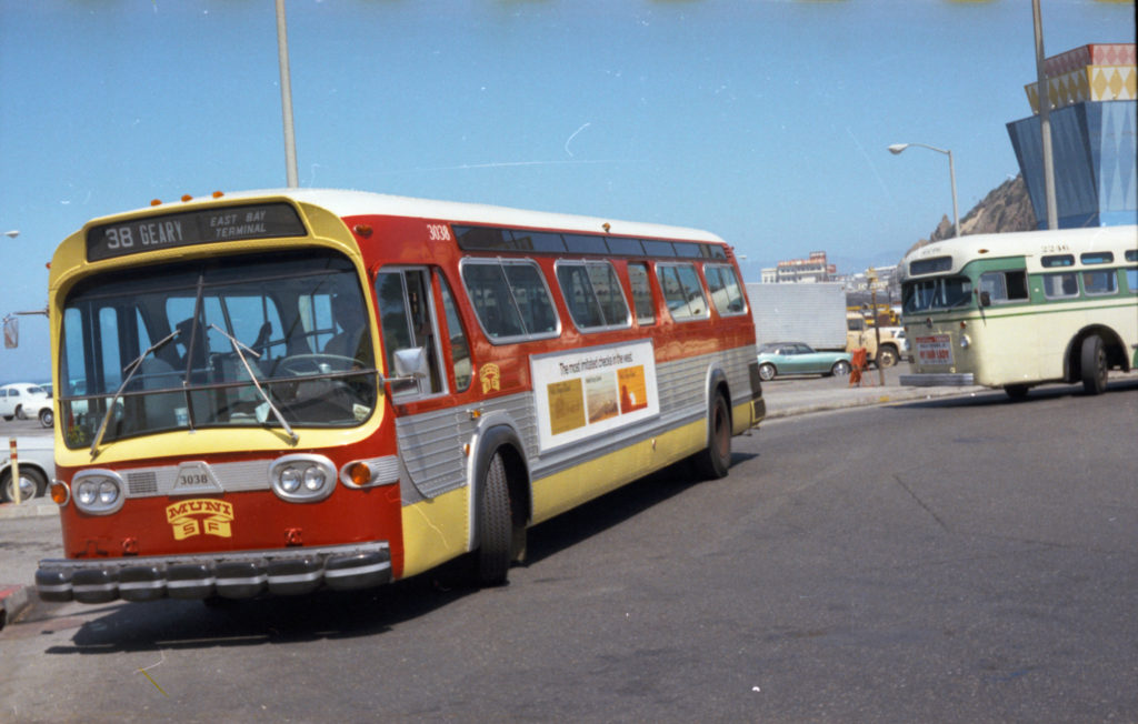 New GM Motor Coach 3038 in Service on 38 Geary Line at End of Route at Great Highway and Balboa Near Playland at the Beach | August 11, 1969