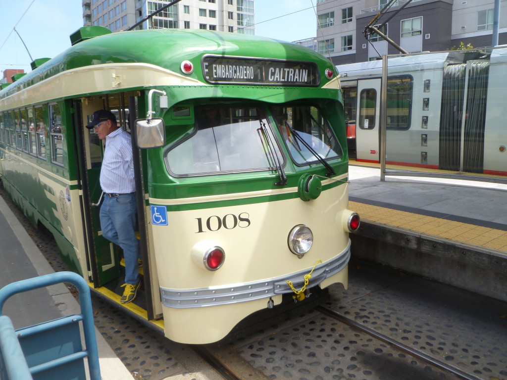 E-line car No. 1008 in 2013 Demonstration Service at its Caltrain Depot terminal.