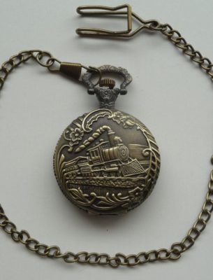 Railroad Pocket Watch, pewter finish with chain & clip