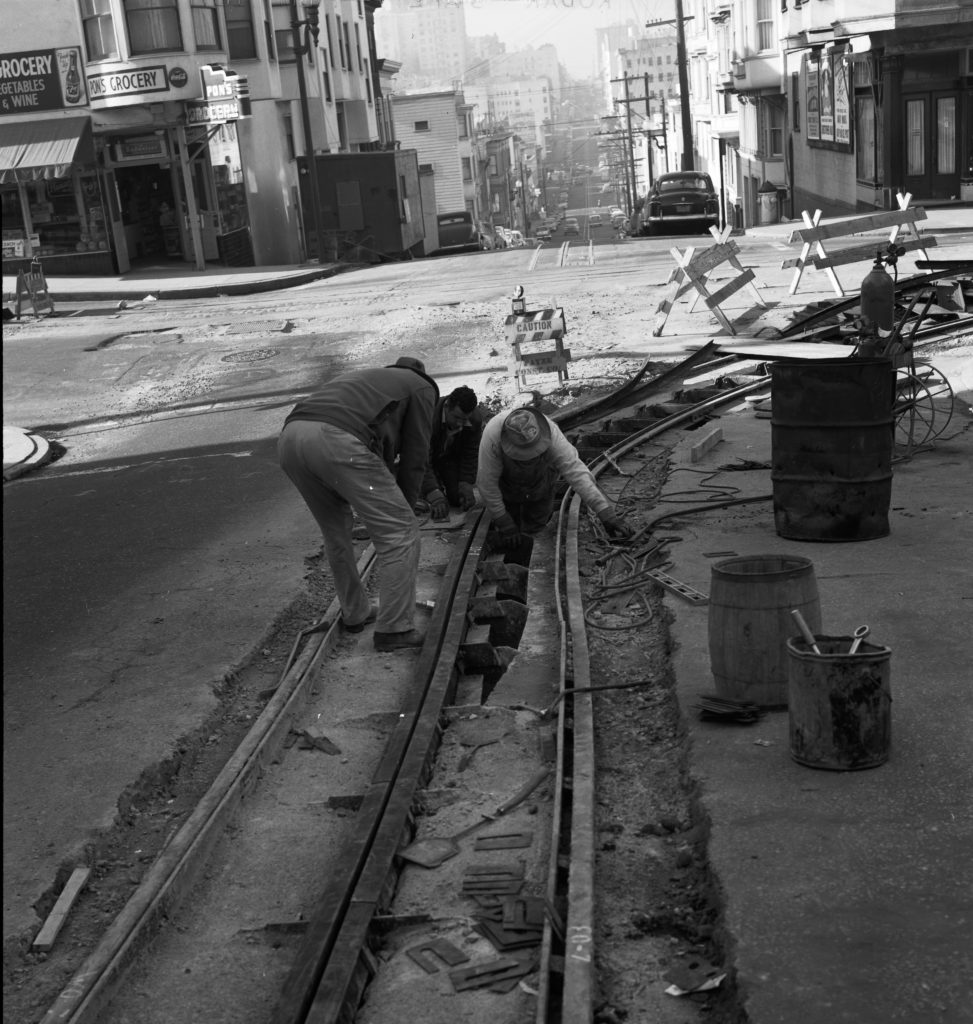 Cable Car Track Reconstruction View West on Jackson Street at Hyde | December 19, 1956
