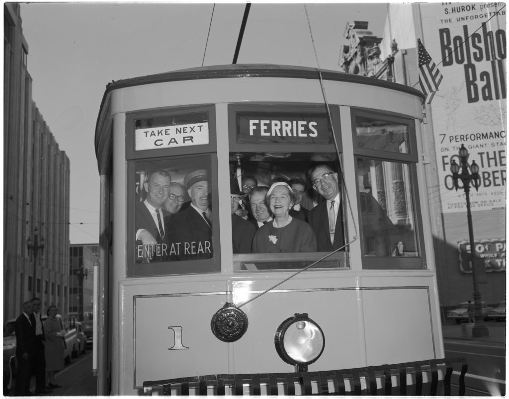 Car 1 Celebrates Muni's 50th birthday with Friedel Klussmann, Fox Theater, 9th and Market, October 15, 1962. Marshall Moxom photo.