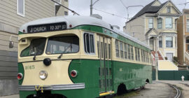 PCC streetcar 1015 on the J-Church right of way at 21st Street
