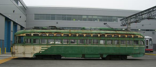 PCC streetcar no. 1040 at the Muni Metro East rail yard prior to departure for restoration