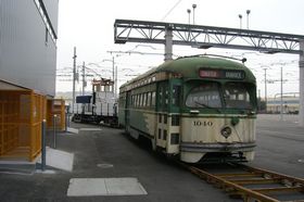 PCC streetcar no. 1040 at the Muni Metro East rail yard prior to departure for restoration
