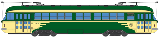 Illustration of PCC streetcar nos. 1006 & 1008 painted in Muni's wings livery
