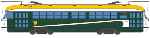 Illustration of PCC streetcar no. 1011 painted in Market Street Railway's proposed livery